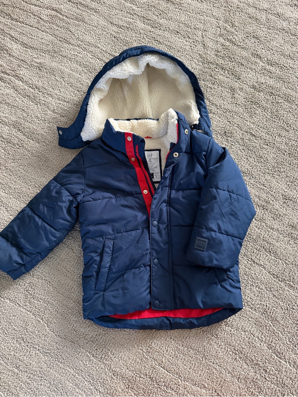 GAP Navy Kids Puffer Jacket with Red Trim and Sherpa Hood